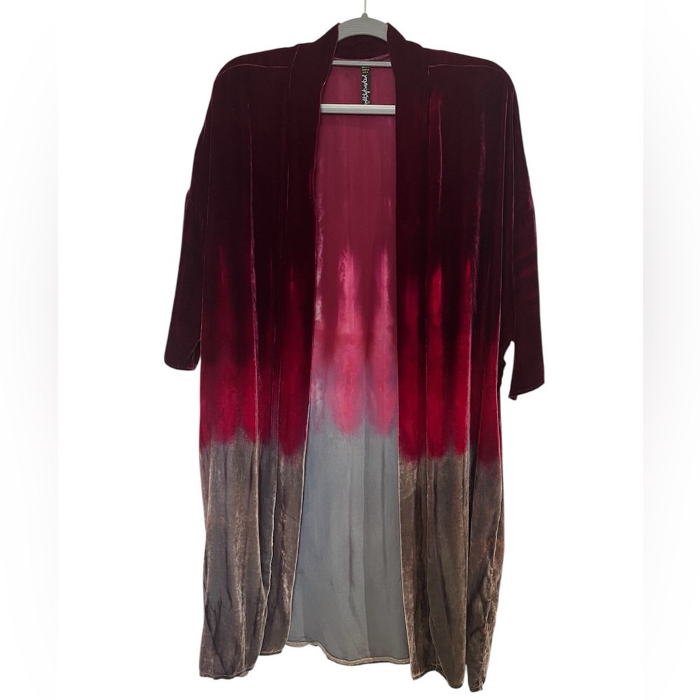 Brightly Twisted Tie Dye Open Front Cardigan Duster Velvet Sz S/M Red / Gray